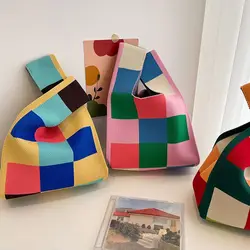 Borsa a mano in maglia da donna Mini borsa da polso con nodo borsa a tracolla scozzese di colore Casual borse per la spesa riutilizzabili per studenti