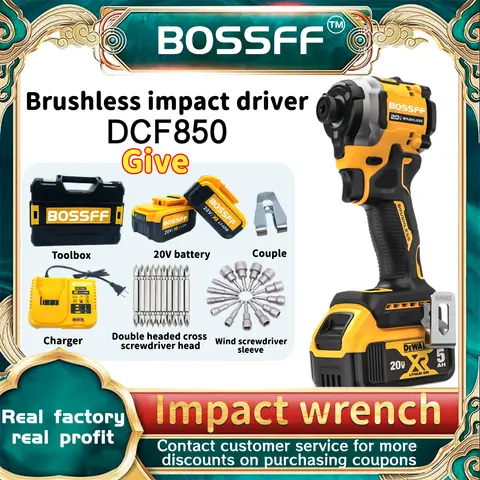 BOSSFF DCF850N 임팩트 드라이버, 브러시리스 무선 전기 드릴, 충전식 배터리, 18V, 20V 스크루드라이버 전동 공구, 205NM