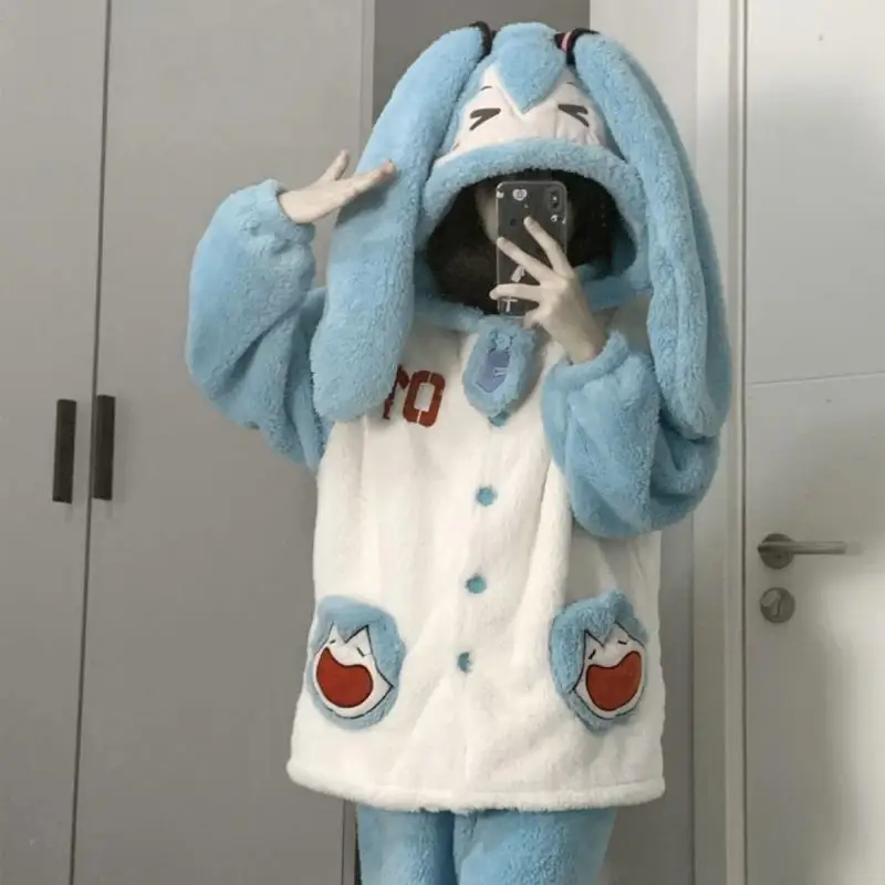 Kawaii Hatsune Miku Coral Fleece Pajamas Anime Cartoon Winter Thick Flannel Loungewear Set Student Hatsune Warm Dressing Gown