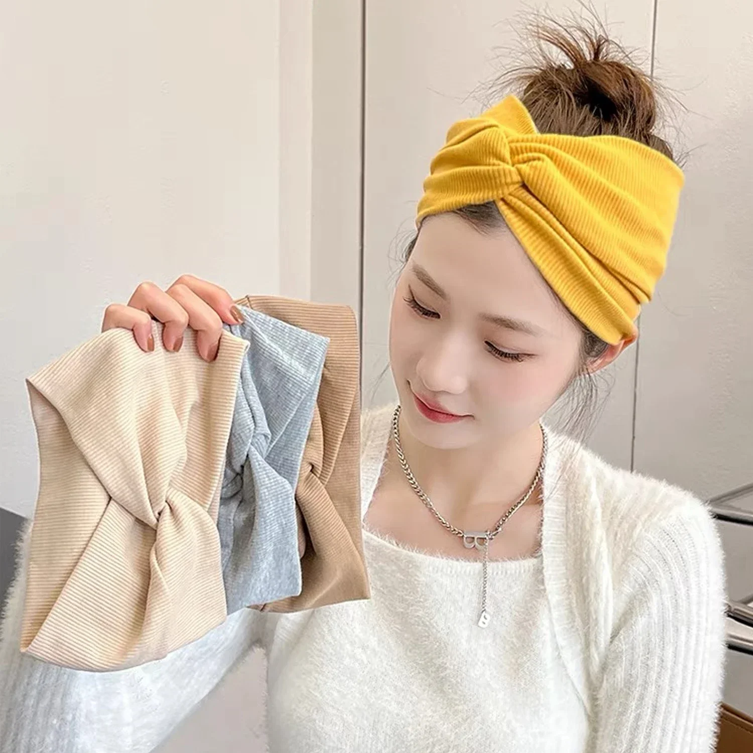 Elegant Solid Color Wide Brimmed Headband Fall Winter Cotton Hair Hoop For Yoga Exercise Fitness Daily Hair Accessories Headwear