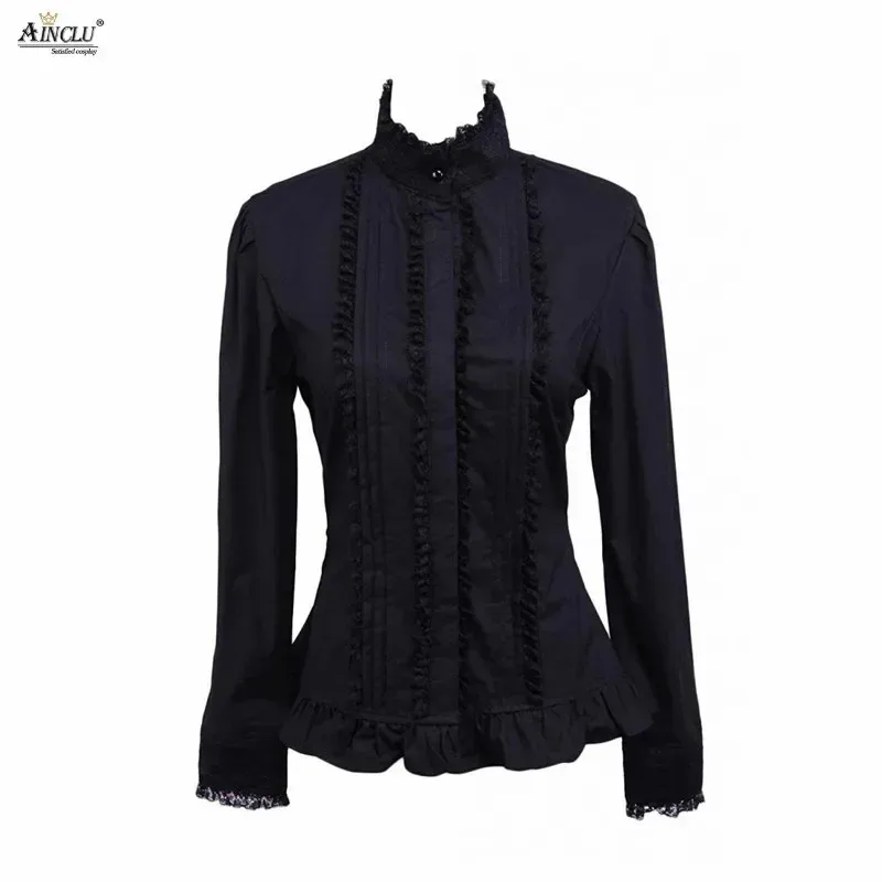 

Ainclu XS-XXL Womens Cotton Rendering Outer Wear Black Lace Pintucks Gothic Lolita Blouse With "European and American Style if;3