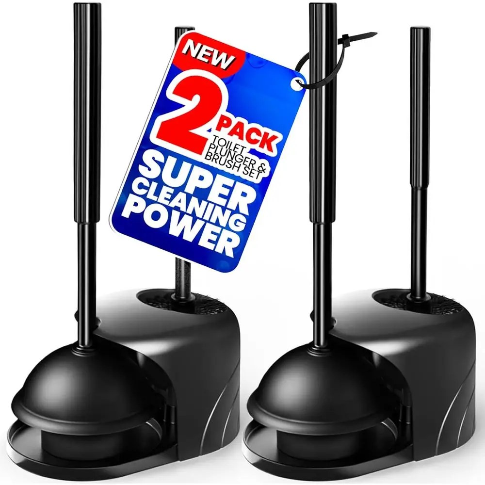 

Extended Handle Toilet Brush and Plunger Set, Dual-Function Bathroom Cleaning Tools in Bright Black