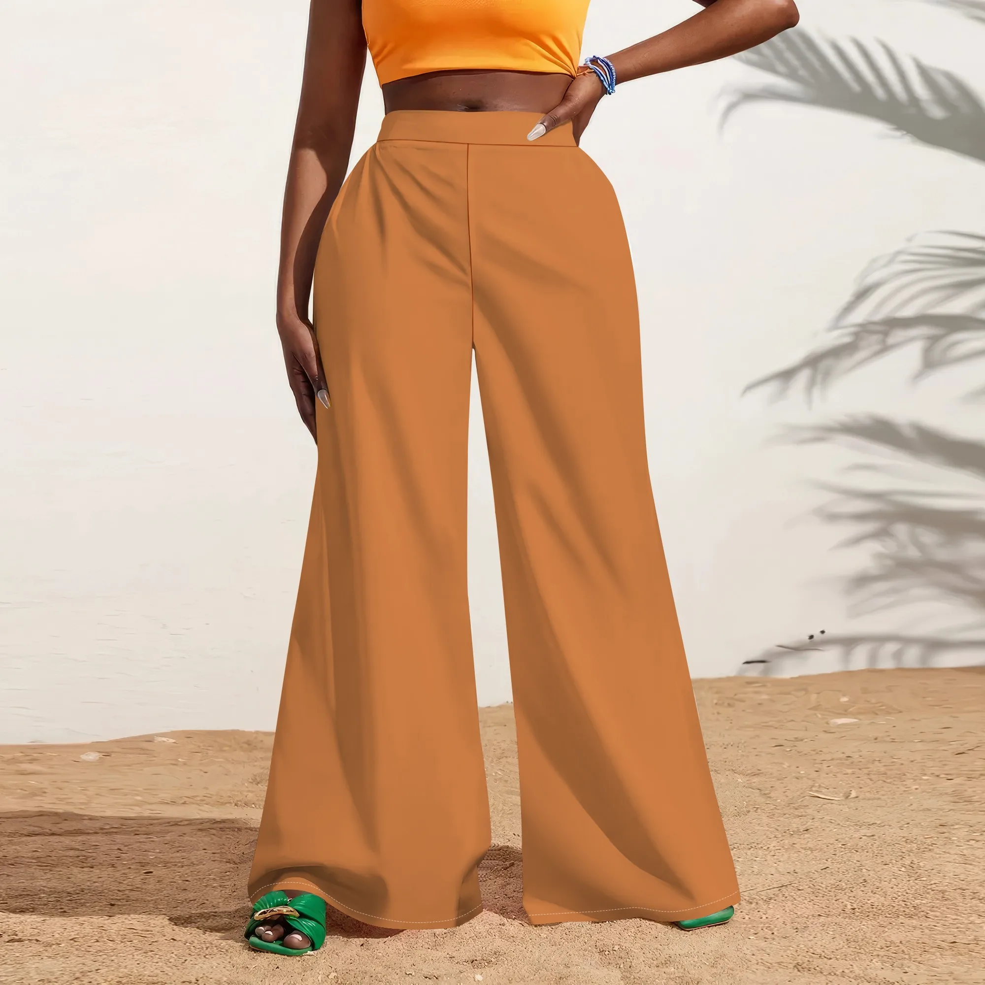 ธุรกิจทํางานลําลองสีทึบขากว้างจีบกางเกงหลวมพอดีสําหรับผู้หญิง