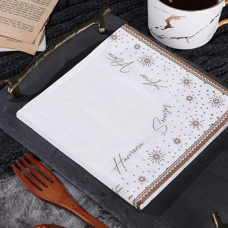 10/20pcs 2Ply 33cm Christmas Element Print Coffee Color Snowflake Alphabet Lace White Background Napkin Wood Pulp Paper Placemat