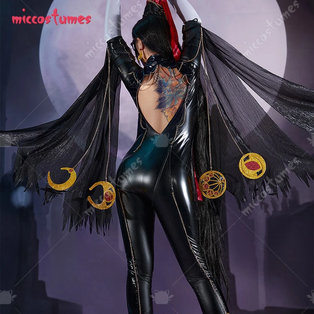 Miccostumes Women\'s Black Witch Cosplay Costume Backless Bodysuit with Gloves Chains and Socks for Party Halloween