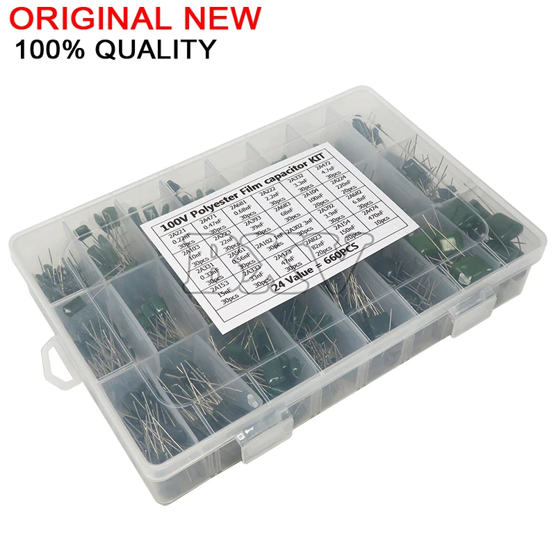 660PCS 24Value Capacitor Kit 100V 2A221J To 2A474J Polyester Film Capacitor Assorted Kit 0.47nF 0.68nF 1nF 2.2nF Capacitors