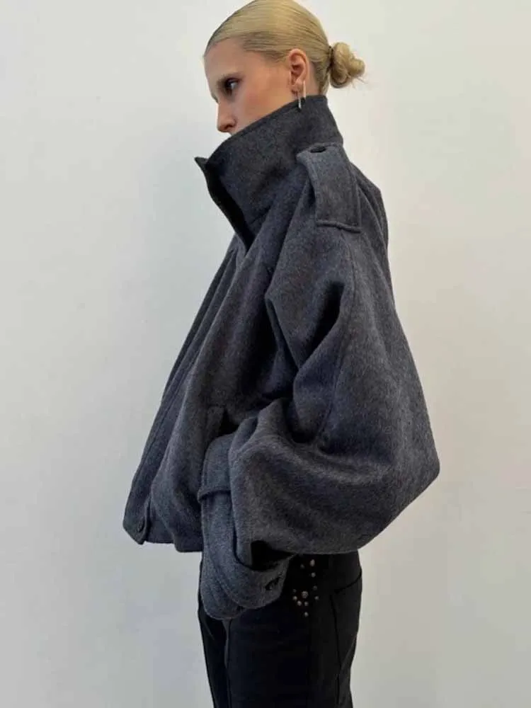 BKQU Casual Giacca di lana solida Donna Colletto allentato con cerniera Manica intera Cappotti corti Donna 2025 Autunno Retro Street Outwears