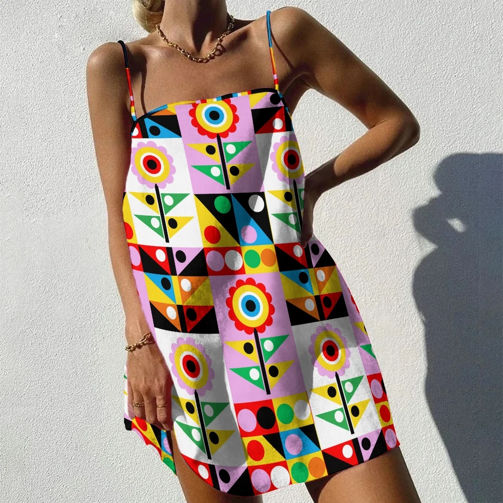 Colorful Geometric&Flower Print Dress Summer Casual Geometric Flower Fusion Dress Women’s  Chic Flowery Geometrics Printed Dress