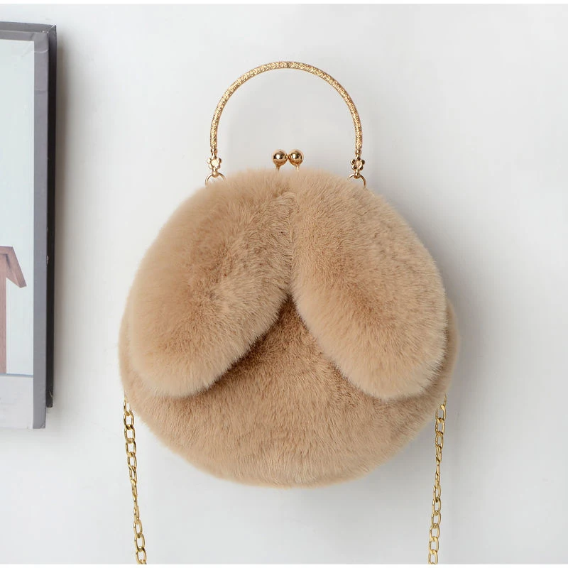 Weiche, flauschige Plüsch-Handtasche mit Henkel, niedliche Umhängetasche mit Hasenohren und Kette, warme Winter-Clutch, leichte Handytasche – Detail 15