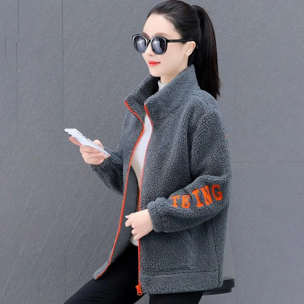 Women Outerwear Thick Fleece Winter Coat with Stand Collar Letter Pattern Pockets Warm Mid Length Cardigan Jacket for Women Mid