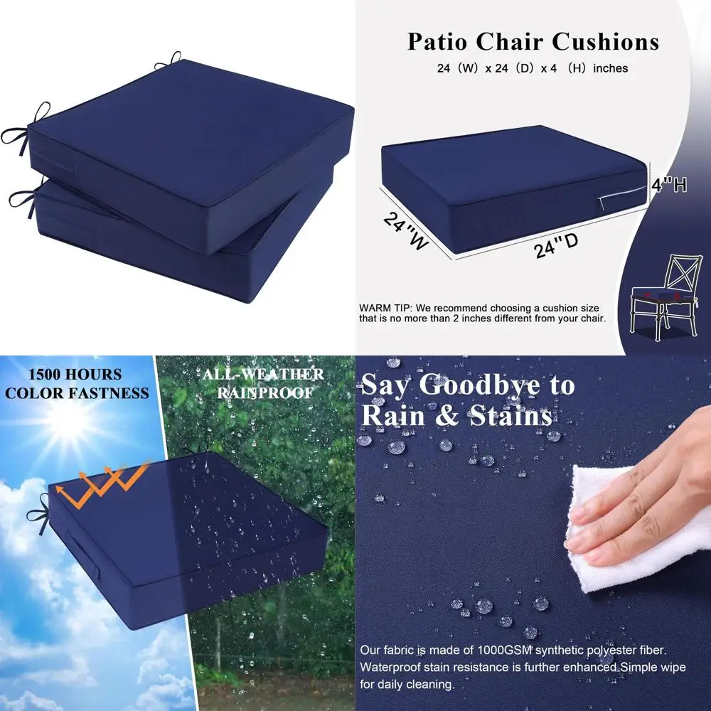 

Set of 2 Outdoor Patio Chair Cushions, 24x24x4, Waterproof, Blue, with Ties and Handle