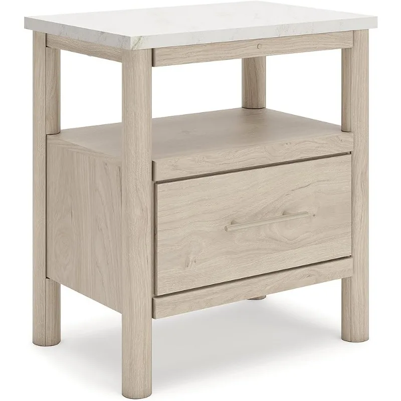 Casual Faux Marble Top 1 Drawer Nightstand with Open Shelves, Ambient Lighting, 26.57 in. High