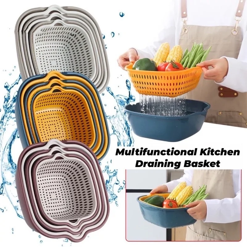 Double-Layer Vegetable Sink Drain Basket 6-Piece Set Kitchen Fruit Plate Living Room Household Vegetable Washing Basin Vegetable