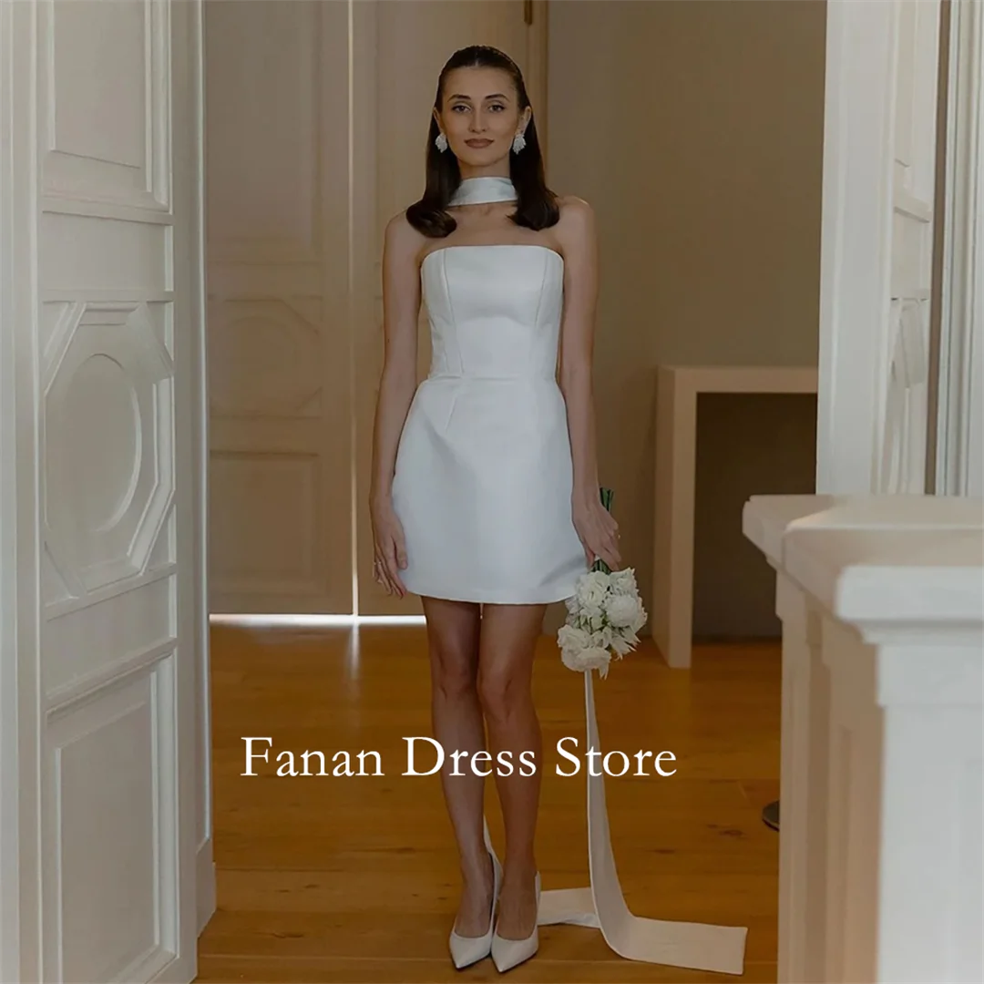 

Fanan Strapless Ivory A-Line Wedding Dress Customized Satin Lace-up Mini Above Knee Length Bridal Party Gown Vestidos De Novia