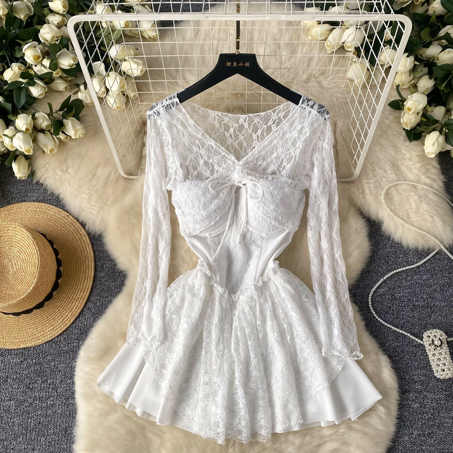 Elegant sweet lace High Waist slip Dress with lool sleeve overcoat Vacation Slim summer Women Party