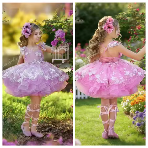 Elegant and Gorgeous Flower Girl Dress with Lace Appliqu&eacute; Puffy Princess Dress Suitable for Evening Parties and First Communion