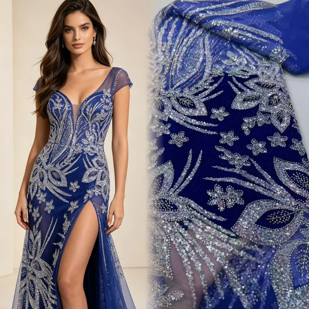 Hot selling beaded lace velvet lace 5 yards for women's luxurious beaded embroidery long evening dress Fall Ankara Fabric AT3040