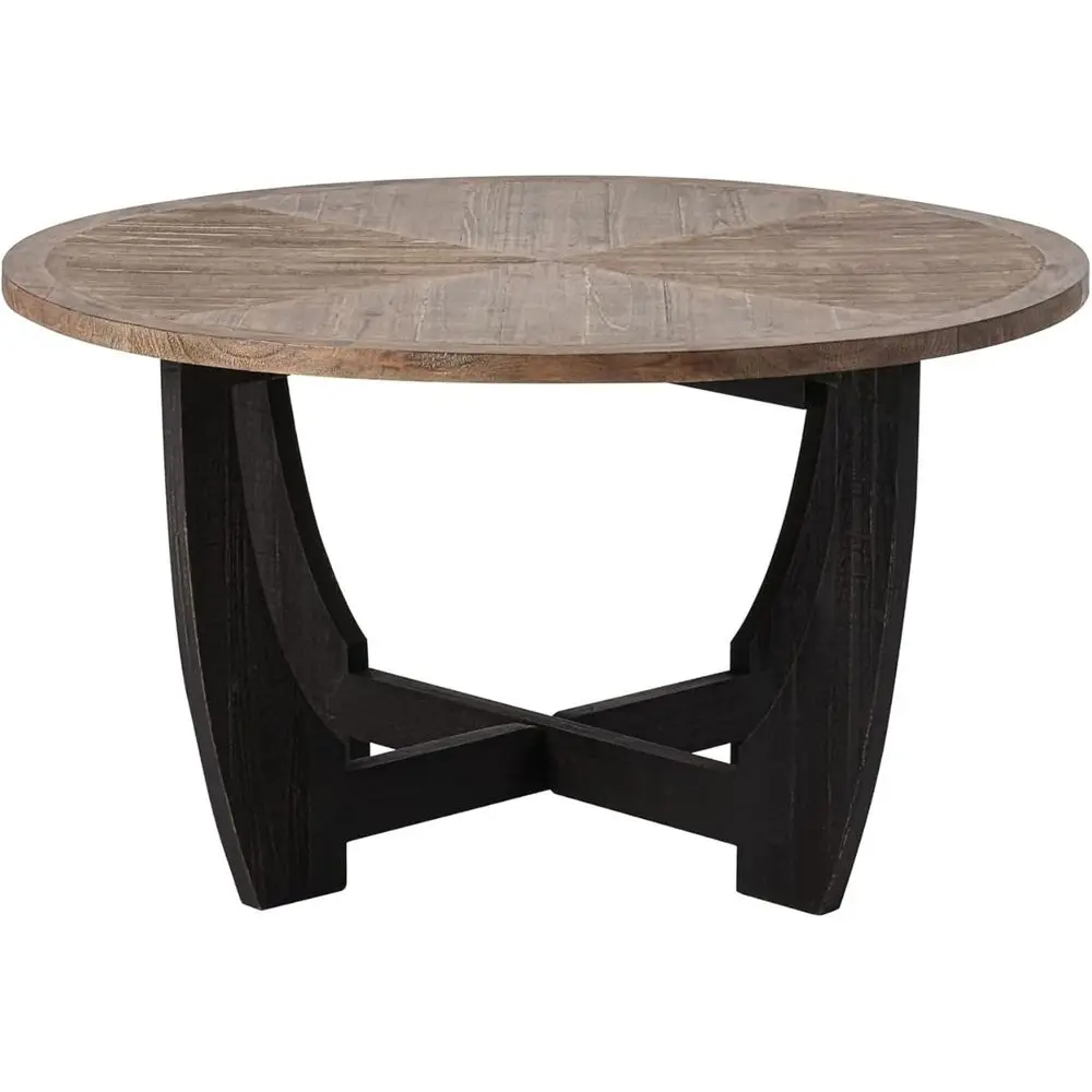 

Rustic Round Coffee Table with Woven Base, Perfect for Country-Style Home, Dining and Living Spaces
