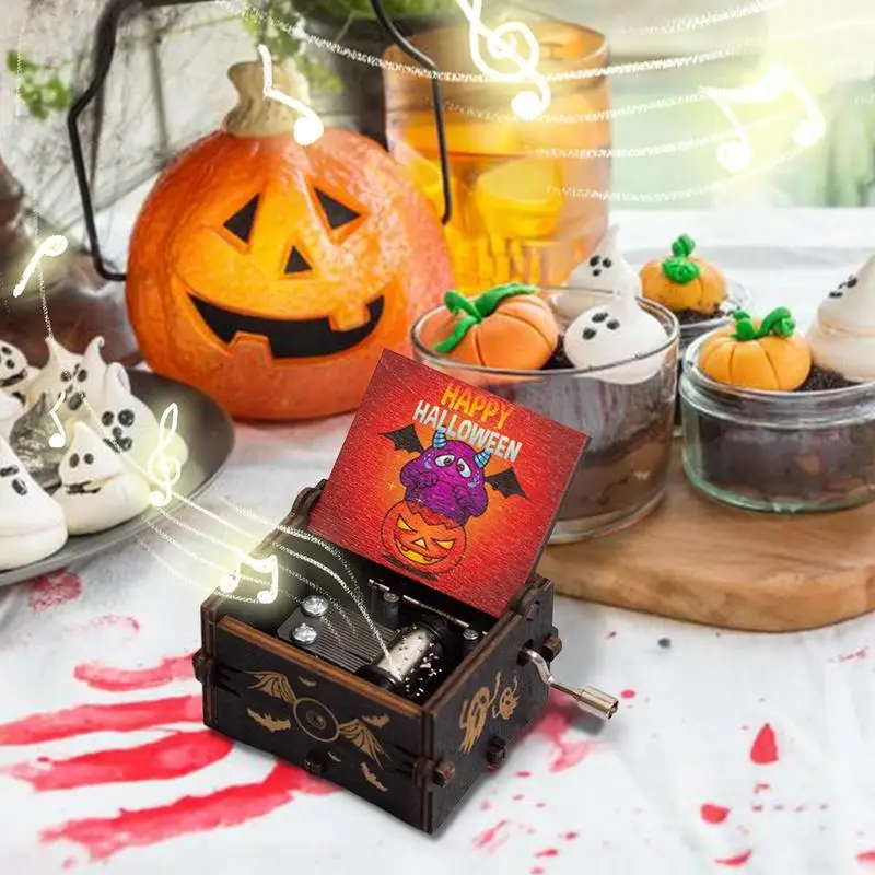 Halloween Music Sound Box Classical Wood Musical Box Hand Crank Vintage Wooden Musical Box Wind-Up Halloween Music Box Festive