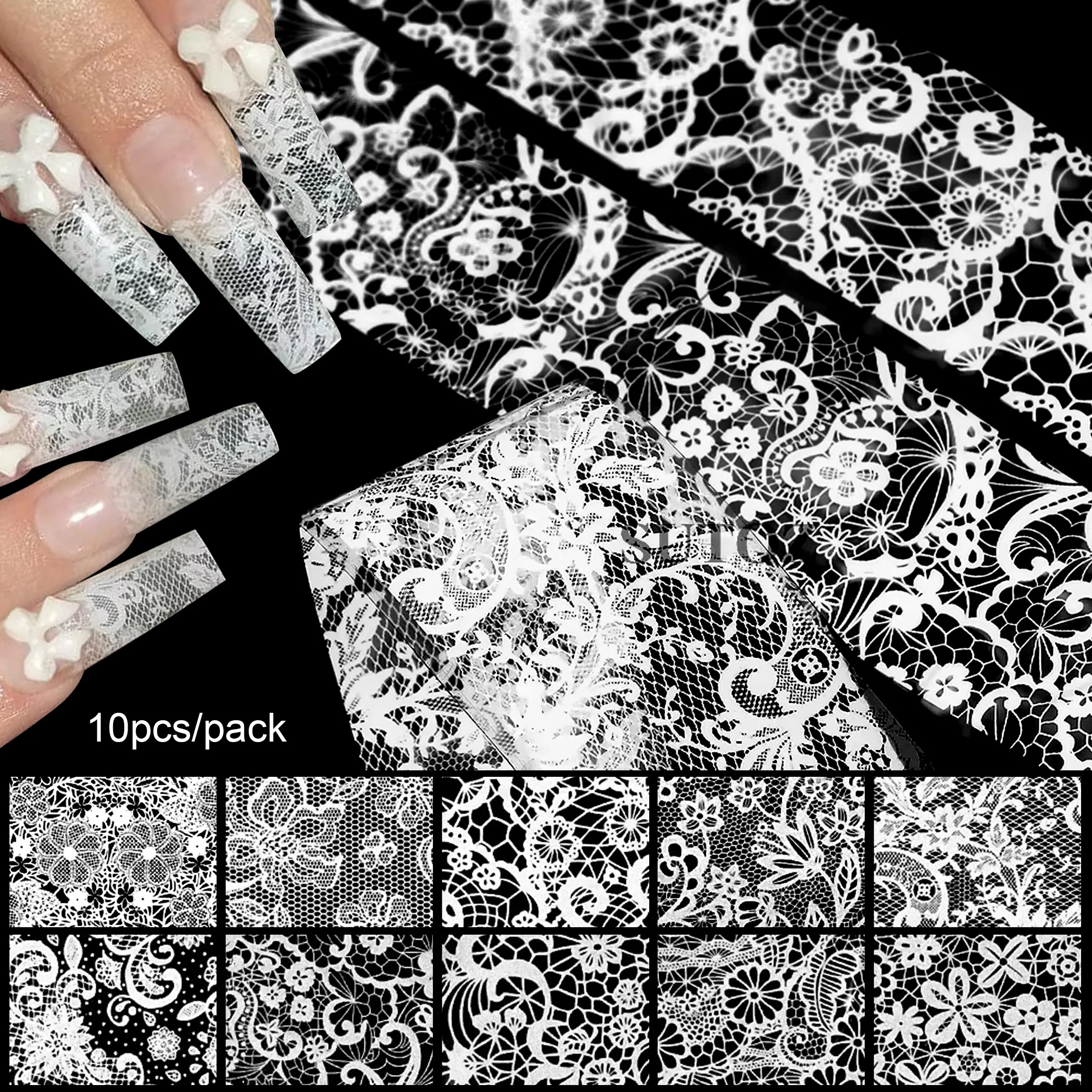 2.5*20cm 10 Rolls New Black White Lace Transfer Foil Nail Art Sexy Full Wraps Flower Glue Adhesive DIY Manicure Styling Tools