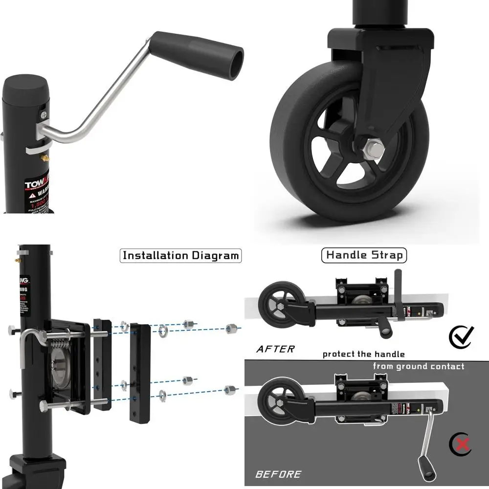 مقبس مقطورة بعجلة بقضبان مطورة، حركة عمودية مقاس 10 بوصات، 1500 رطلاً، للمركبات الترفيهية والقوارب والمقطورة والمزيد، أسود