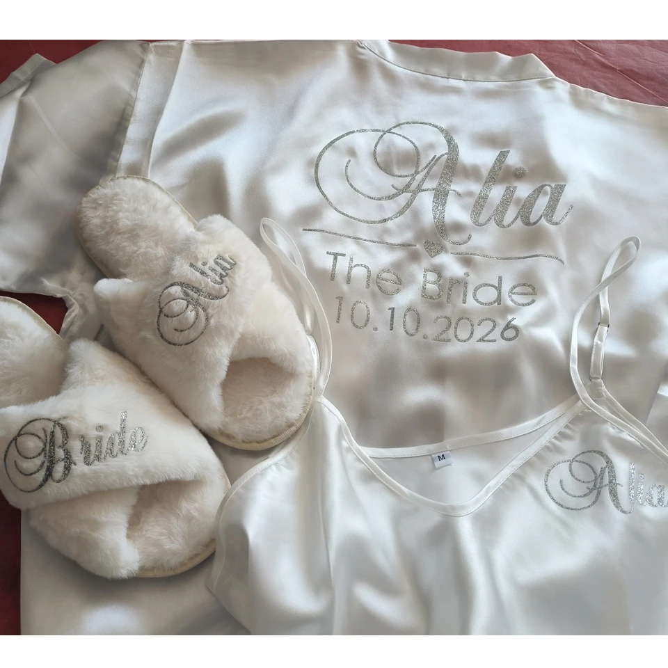 Personalized Bride Satin Robe Set Custom Name Wedding Morning Robe Cami Nightgown Furry Slippers Bridal Getting Ready Outfit