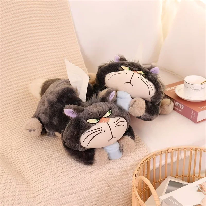 Disney Cinderella Cartoon Bad Cat Lucifer Car Plush Office Home Car Room Cute Cat Handkerchief Boxes Doll Tissue Drawer Set Toy