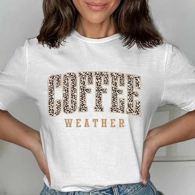 Camiseta con estampado de café y letras a moda camiseta informal versátil de manga corta con cuello redondo para mujer