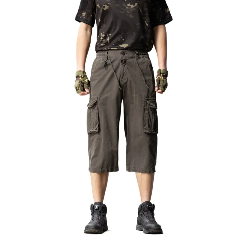Men's Cargo Shorts New Summer Trendy Solid Cotton Blend 7-Point Shorts Outdoor Exploration Cycling Camping Wear Fashion Trousers
