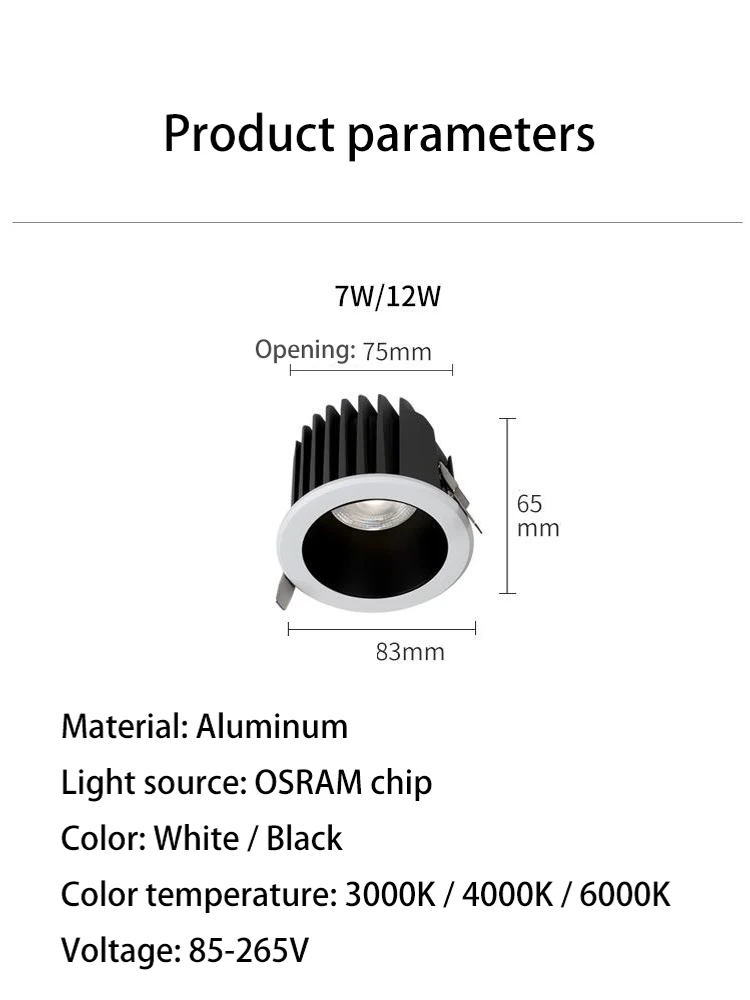 Led wodoodporne reflektory IP65 łazienka światło punktowe COB kuchnia lampa sufitowa oprawa wpuszczana 7W 12W otwarcie 75mm prysznic