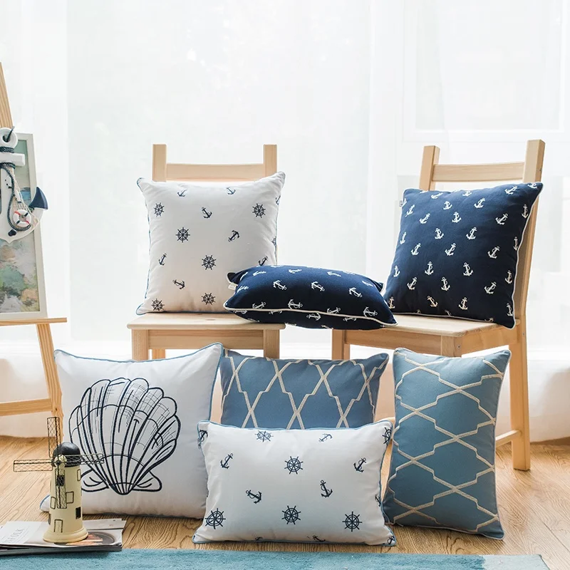 Mediterranean Sofa Embroidered Pillow Cover white Blue Navy style Geometric Back Cushion Cover 100% Cotton Pillowcase
