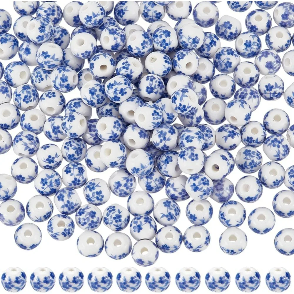 

1 Box 210Pcs 8MM Ceramic Blue Flower Beads Porcelain Beads Bulk White Printed Flowers Small Smooth Spacer Beads