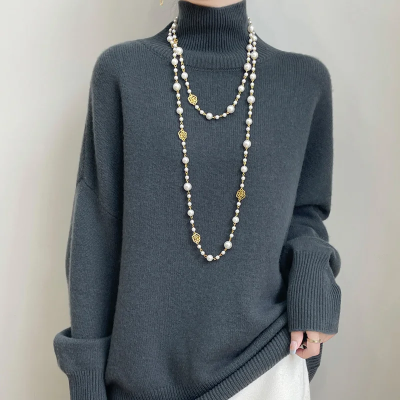 

Autumn Winter 100% Merino Wool Turtleneck Pullover Long Sleeve Sweater Korean Style Fashionable Exquisite Elegance Cashmere Top