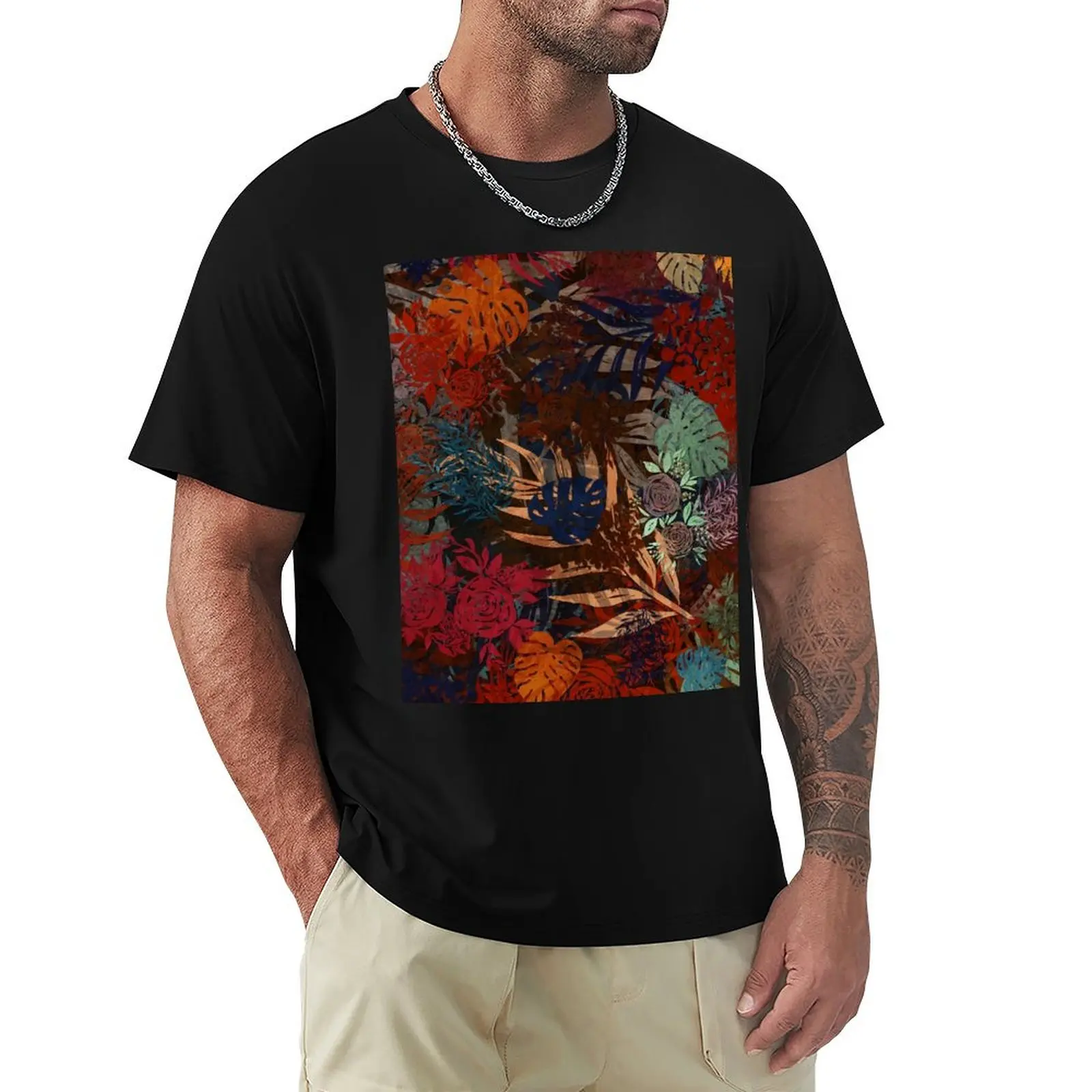 

Dark Red Floral Pattern T-Shirt plus size clothes korean fashion men clothings