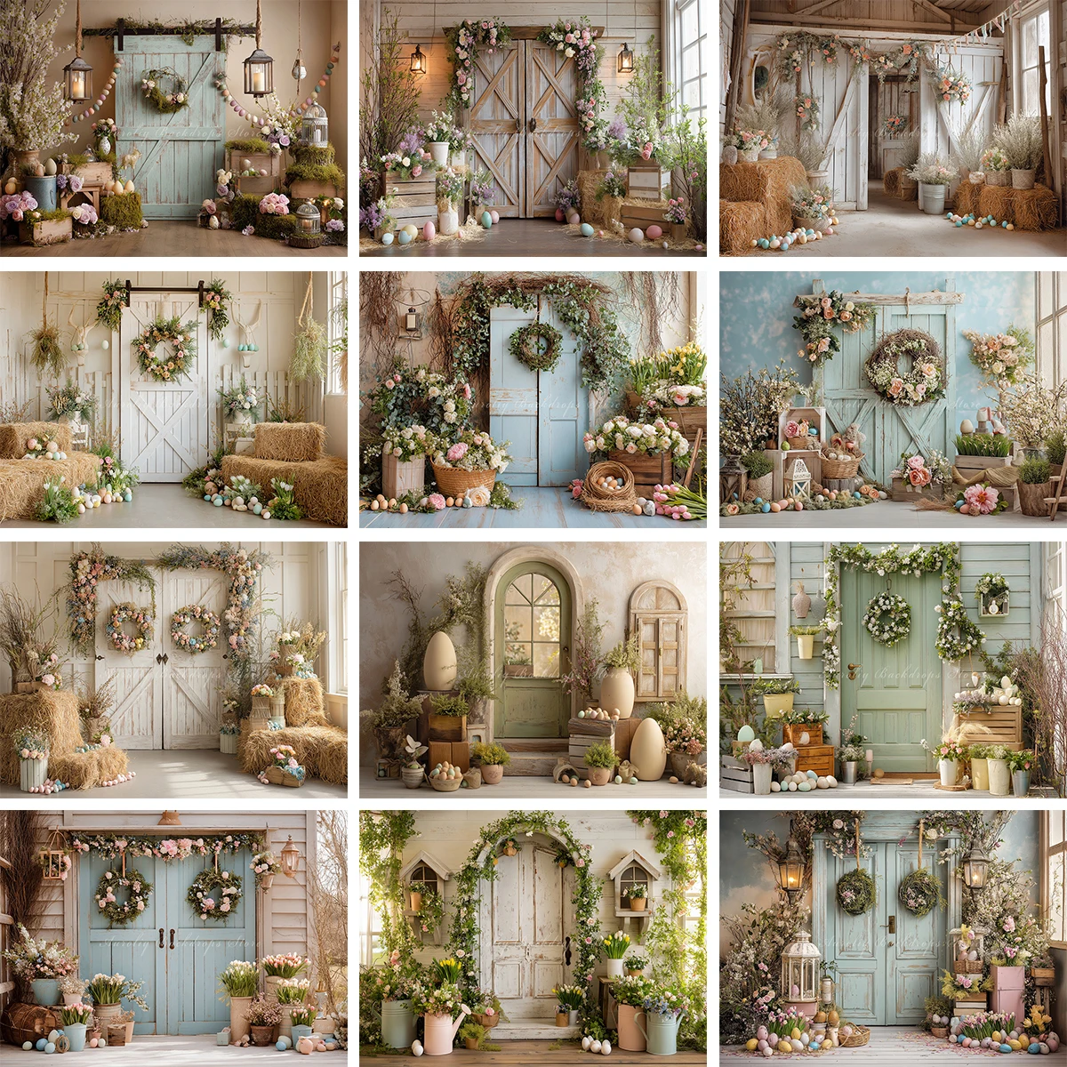 

Easter Wooden Barn Door Backdrop Kids Cake Smash Props Birthday Photocall Props Child Baby Photography Floral Wreath Backgrounds