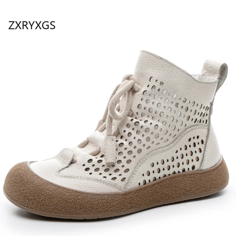 ZXRYXGS Top Rindsleder Frühling Sommer Stiefel Ausgehöhlte Damen Lederstiefel 2025, neue atmungsaktive Retro-Sandalen Coole Stiefel Wohnungen