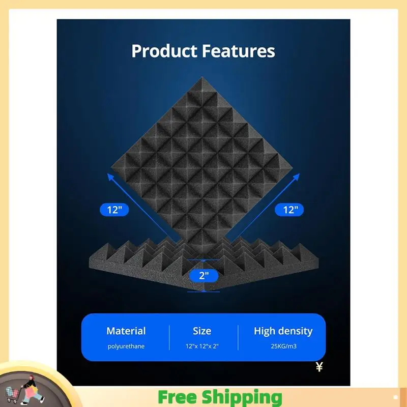 

X08A 12 PCS Acoustic Soundproof Foam Sound Absorbing Panels Sound Insulation Panels Wedge Black Polyurethane For Studio Walls Ce