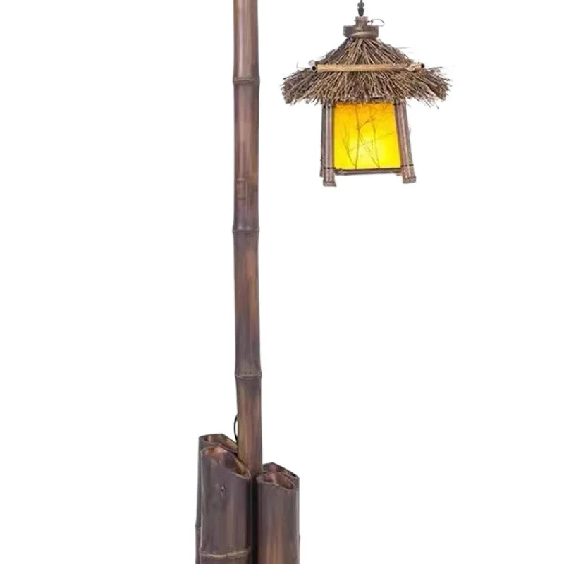 

Vertical kraft paper bamboo retro floor lamp, tea room Chinese living room