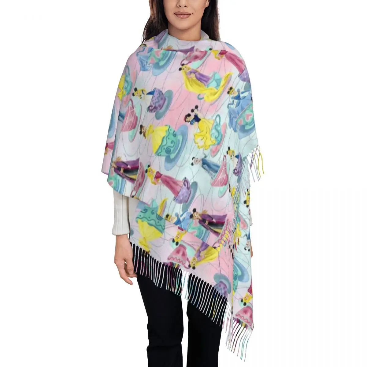 

Princess Mad Tea Party Scarf for Women Winter Warm Pashmina Shawl Wrap Cinderella Snow White Elsa Scarves with Tassel Ladies