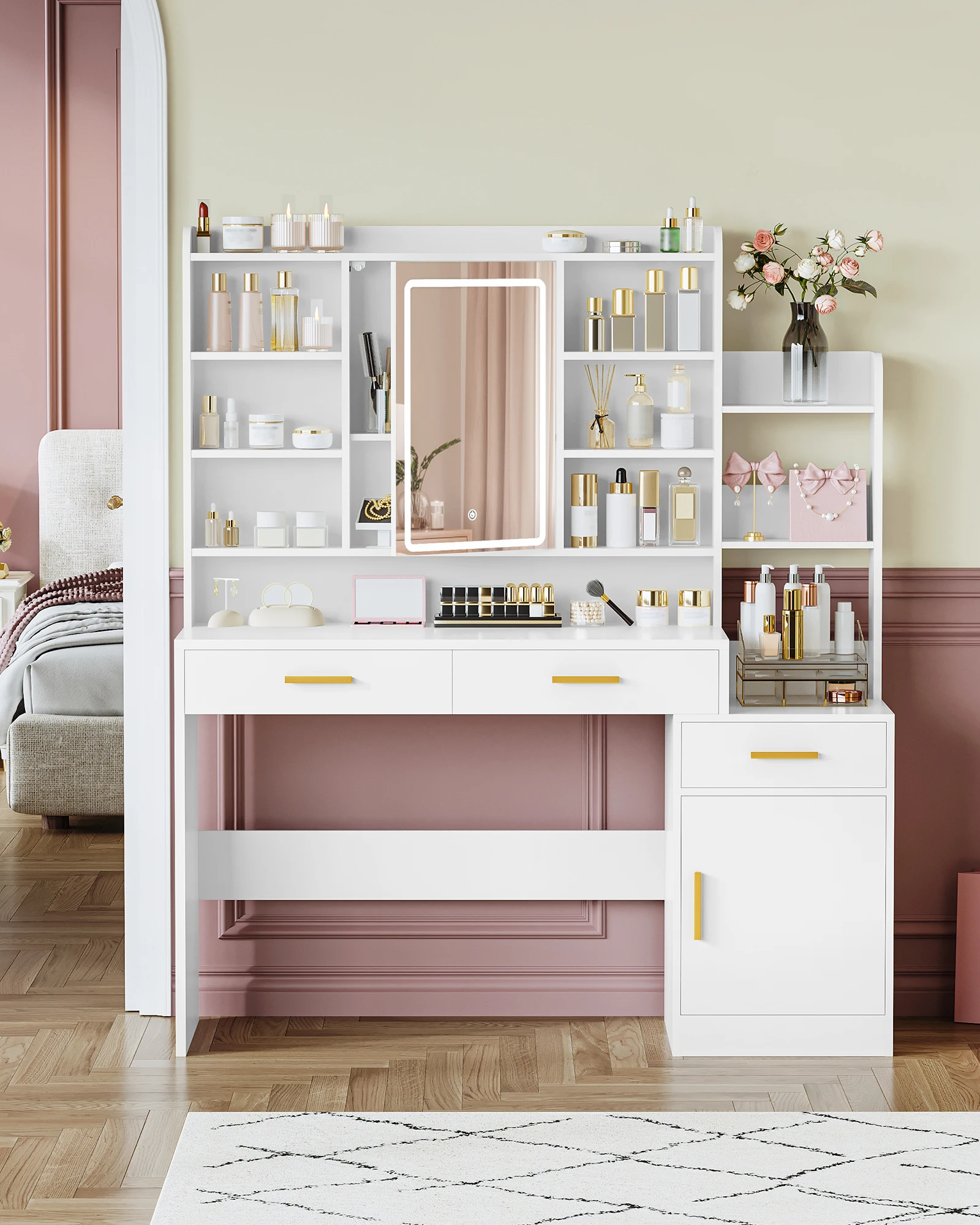 طاولة تزيين هزوانري مع مرآة، وإضاءة LED قابلة للتعديل، و3 أدراج وخزانة واحدة، وأرفف مفتوحة متعددة المستويات