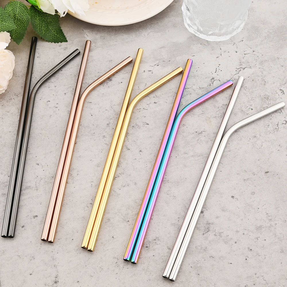 Metall-Strohhalm aus Edelstahl 304, gerade gebogen, buntes, wiederverwendbares Stroh-Set mit Etui, Reinigungsbürste, Bar-Zubehör – Detail 11
