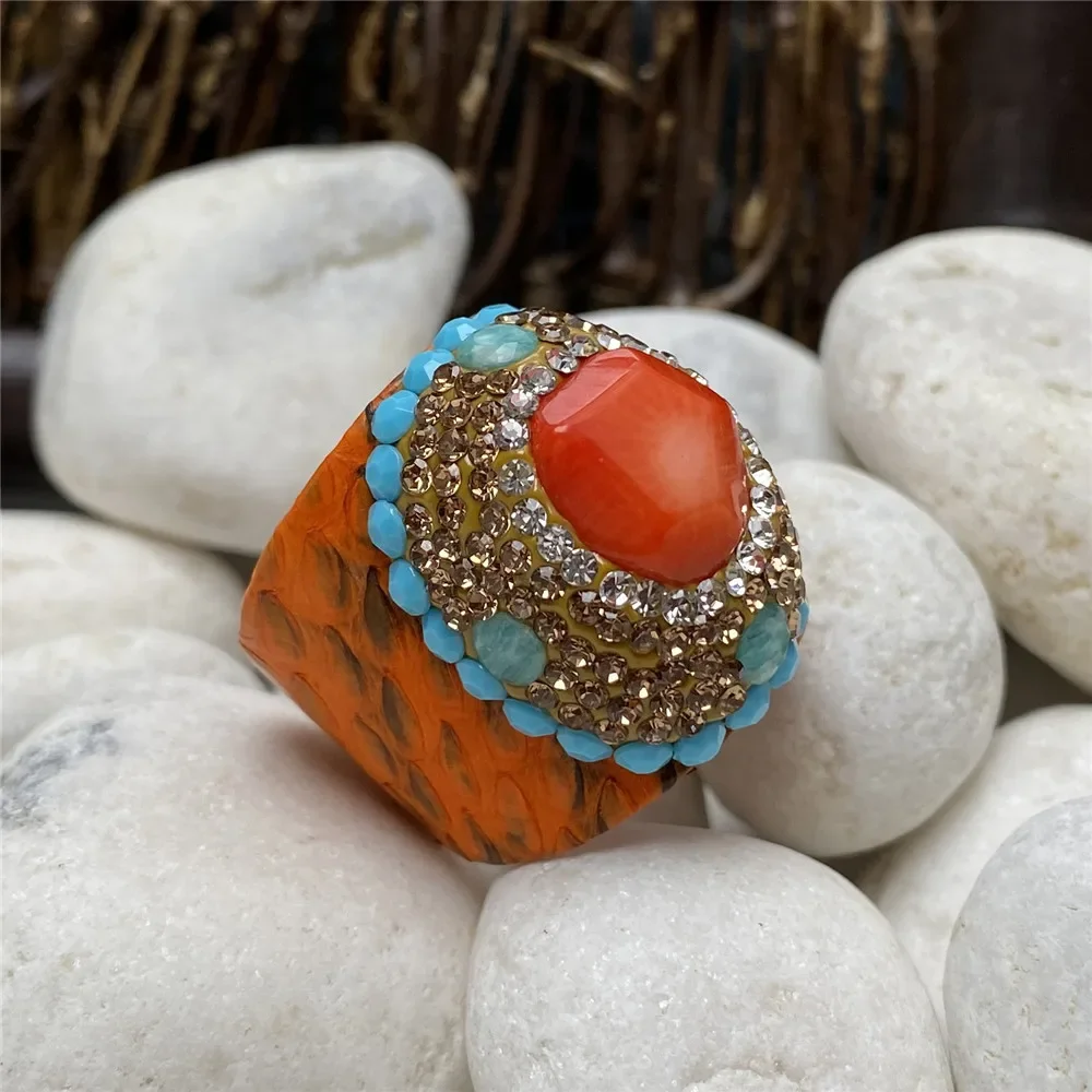 

European And American Fashion Optimization Sea Bamboo Coral Women'S Ring Handmade Genuine Leather Rhinestone Popular Jewelry