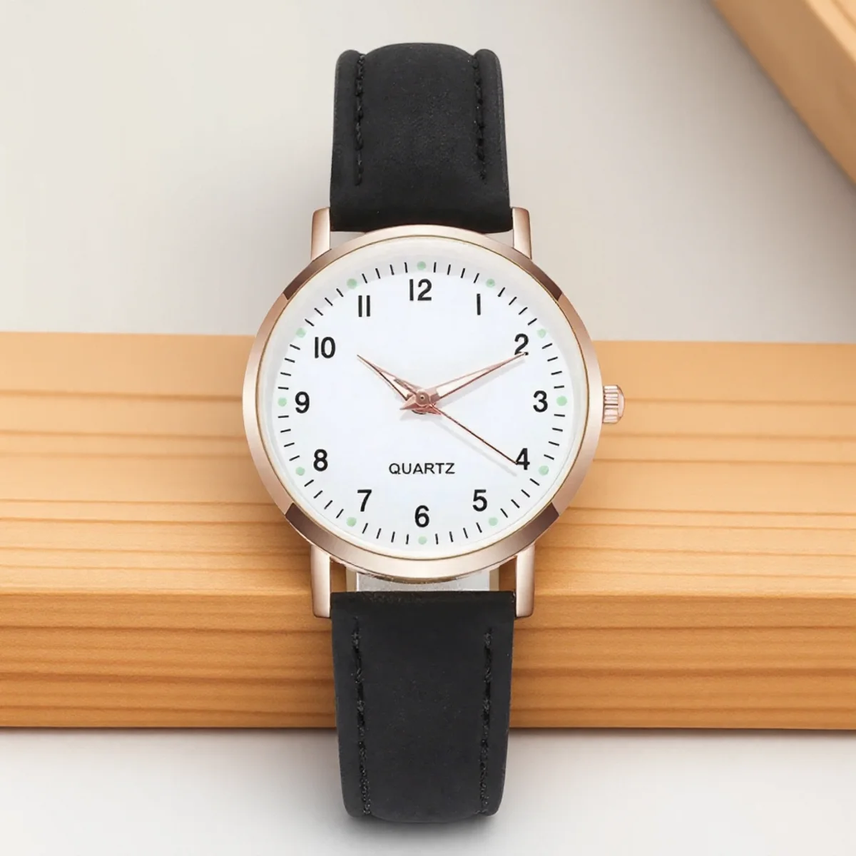 Casual Round Pointer Quartz Watch Luminous Analog Wristwatch PU Leather Strap for Women Girls Students