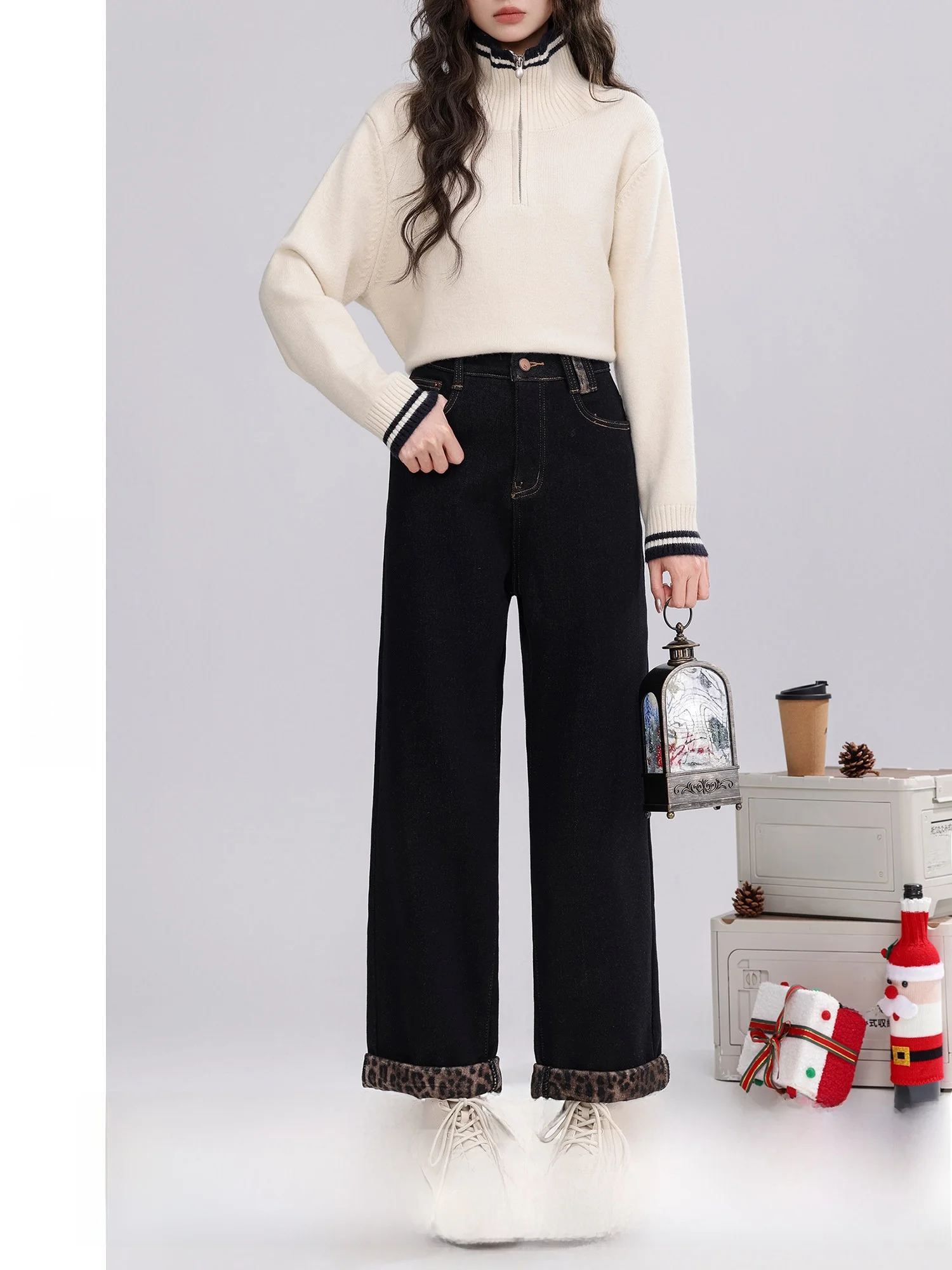 

Темно-синие прямые джинсовые джинсы с подкладкой Fce, женские зимние теплые винтажные повседневные брюки из смеси хлопка с высокой талией