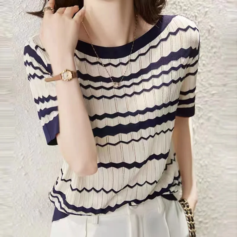 Fashionable summer wave stripe ice silk knit short sleeve women's round collar thin cotton and linen T-shirt half sleeve top