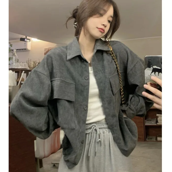 

Women's Chic Autumn Winter Vintage Versatile Single Button Notch Collar Corduroy Loose Long Sve irt ort Coat