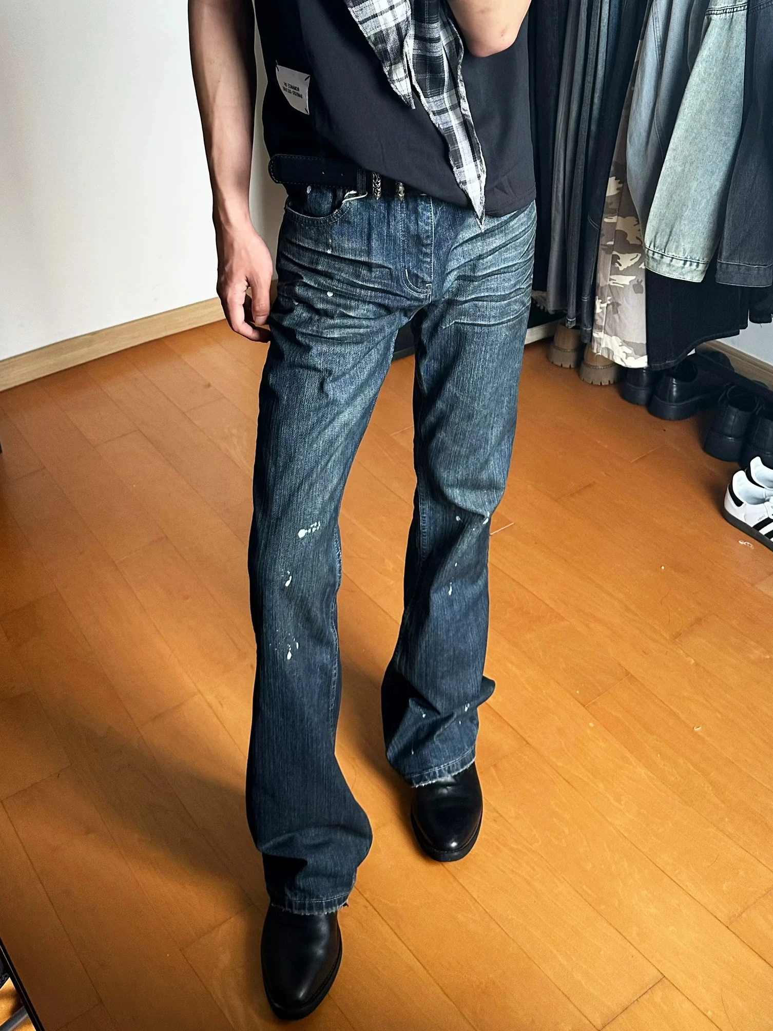 

American Cleanfit Heavyweight Washed Elastic Dyed Slim Fit Micro Flared Jeans Men Old School Long Pants Casual Cotton
