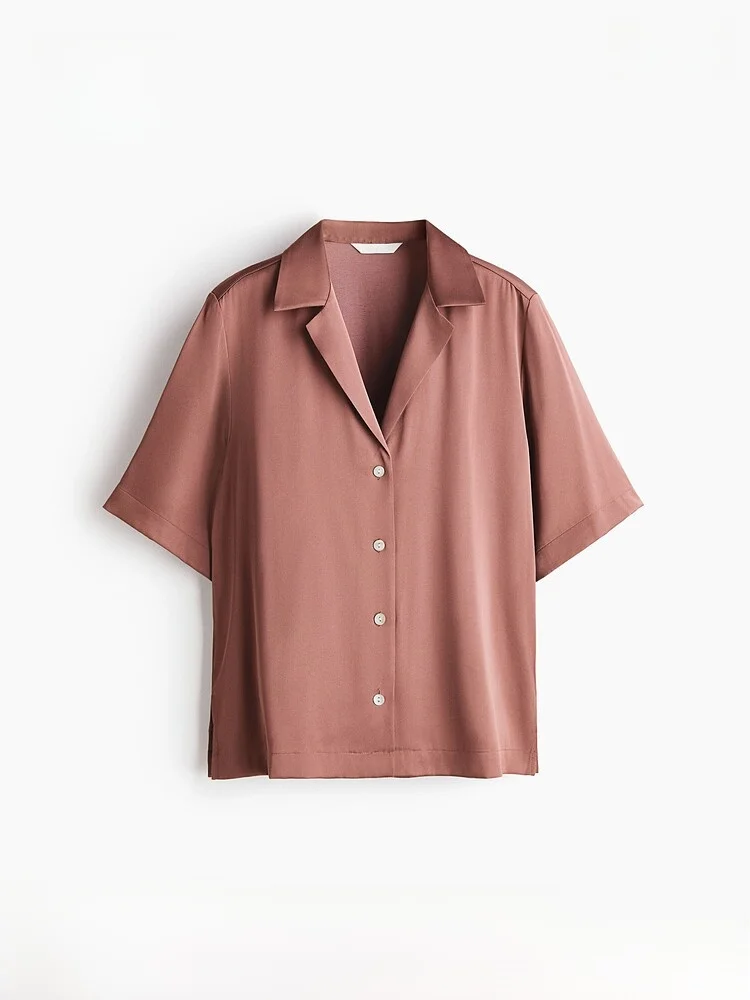

H&M Women's Shirt 2026 Spring New Cuban Collar Satin Fashion Elegant Glowing Satin Surface Shirt Casual Style Short Sleeve