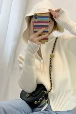 

Women's Knitted Hooded Open Cardigan Double Zipper Loose Slimming Design Spring Autumn New Sle Thiened ort Sweater