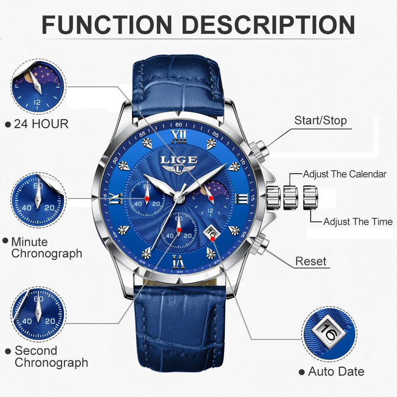 LIGE Business Watch Men Fashion Military Sport Men\'s Quartz Wristwatches Casual Leather Waterproof Chronograph Relogio Masculino